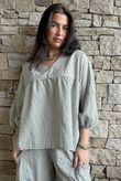 Arbi Gingham Peasant Smock Blouse Khaki
